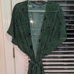 Green Leaf Print Women's Sheer Kimono Size M